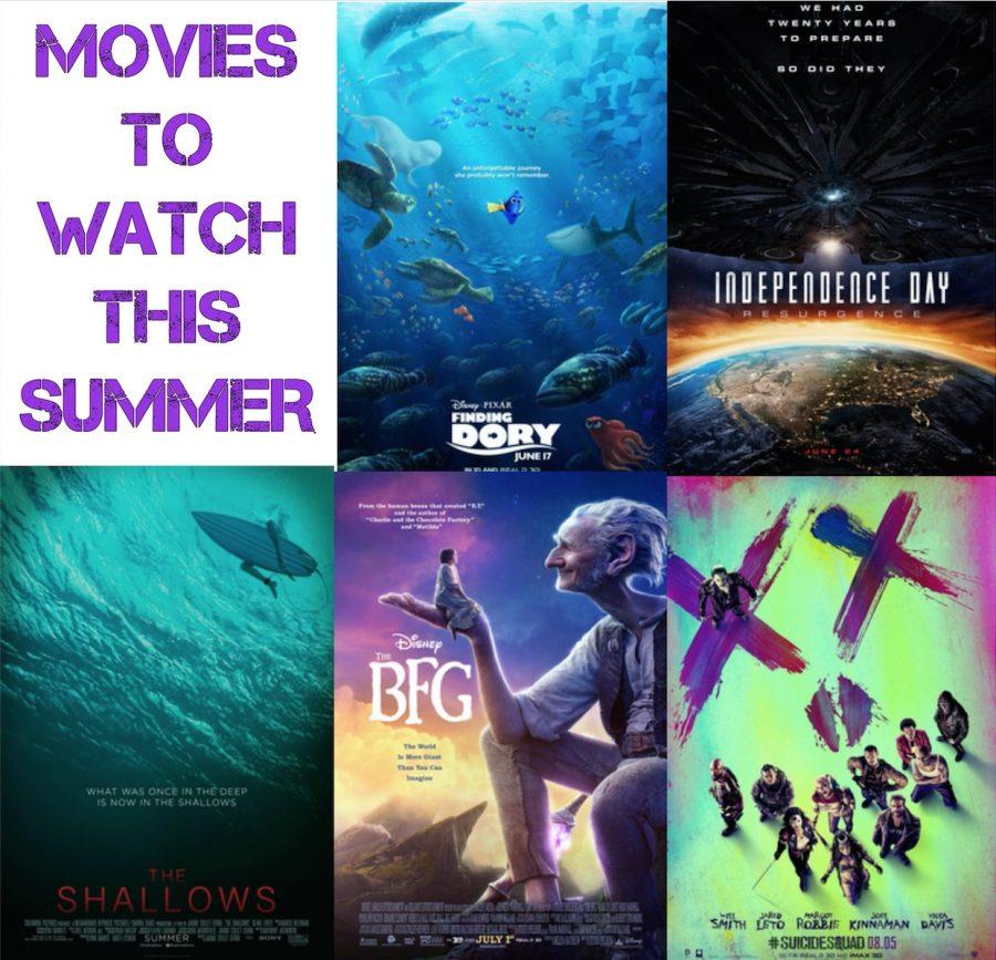 Movie posters for Finding Dory, Independence Day: Resurgence, The Shallows, The BFG and Suicide Squad. Hollywood is releasing over 40 movies this summer, 17 of which are sequels, remakes and spinoffs. 