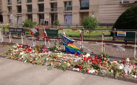 A memorial outside of the US embassy in Berlin held for the victims of the Orlando nightclub shooting. The shooting prompted an international outcry, for its death toll of 49 was the largest out of all American terror attacks in the past 15 years. 