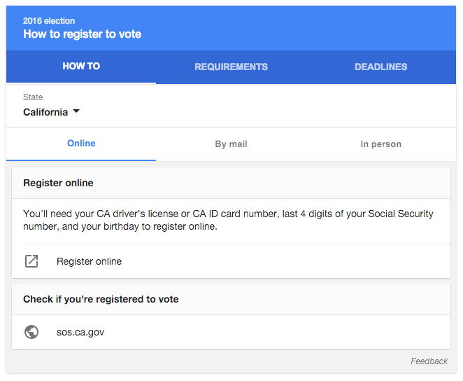 Googles step-by-step guide explains how to vote in California. The new features are designed to help users register to vote.