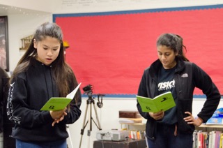 Janet Lee 16, a student director of one of last years SDS shows, rehearses lines with Chetana Kalidindi (12), one of this years student directors. Staged readings will be held before auditions take place during the first week of October.