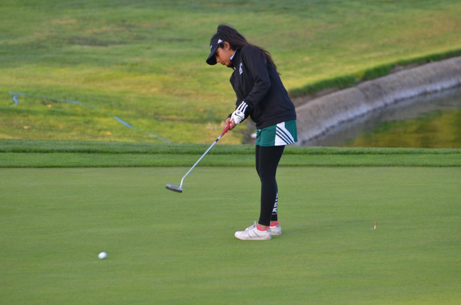 Devanshi Mehta (10) putts the ball into the seventh of nine holes on the course. The team has 17 members in total.