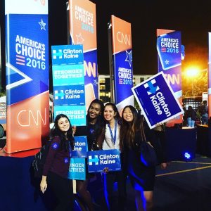 Shannon Hong ('16) poses for a picture with fellow interns who work for Clinton's campaign. Students and alumni were involved with campaigns from the local to national levels. 