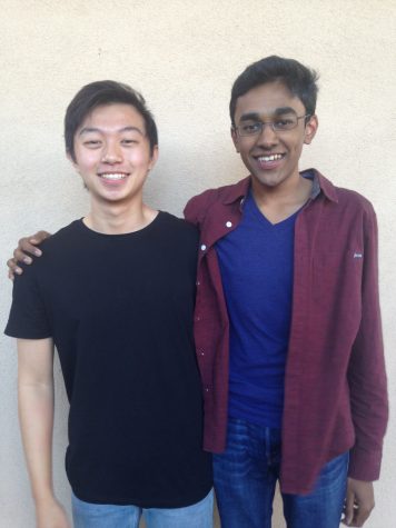 Partners Rajiv Movva (11) and Randy Zhao (11) pose together. Rajiv and Randy were named regional finalists for their work in treating cancer with drugs. 