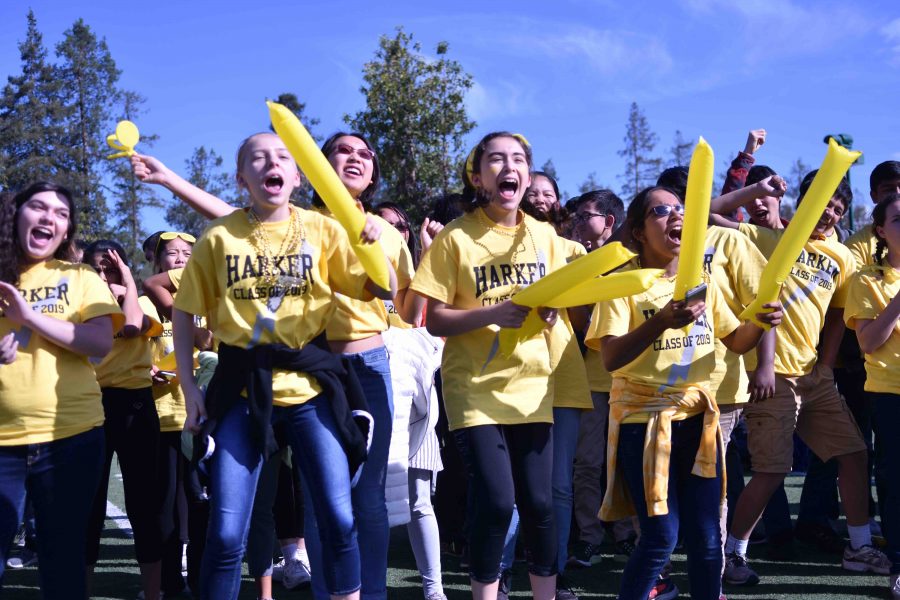 The sophomores show their spirit by cheering on their class. Students engaged in numerous activities including watching performances, participating in tug-of-war and performing their class skits. 