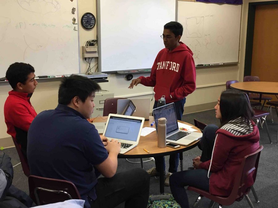 Juniors Shaya Zarkesh, Michael Kwan, Kat Tian and Rajiv Movva participate in HSMCiM as a team. The math contest took place for 36 hours on the Saratoga campus.