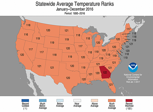 A map depicting average temperatures across the U.S. with orange representing above average and red representing record high. 2016 was the second warmest year on record in the U.S.