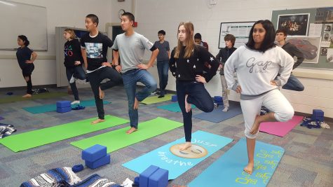 Students practice a pose during a yoga session. The athletic department offers yoga, along with capoeira, as an alternative for earning P.E. credits.