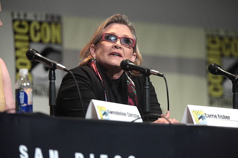 Carrie Fisher speaks at the 2015 San Diego Comic Con conference during “Star Wars: Force Awakens” promotions. Fisher died last December 27, and was known for playing the role of Princess Leia in four Star Wars films.