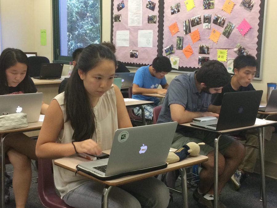 Joanna Lin (11) works on a problem during a practice round for the online math competition Math Madness on Sept. 27. Math Madness was one of several competitions that allowed students to take the AMC 10B or 12B at Harker.