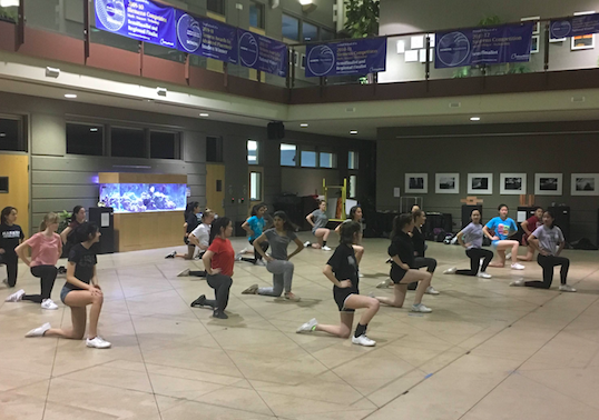 Students at the cheerleading tryouts gather in Nichols Atrium to stretch and learn a performance routine. “Everybody is really nice, and they’re willing to help you learn. They don’t care about speed at first; they just want you to know the cheers and the dances and the choreo,” Emma Boyce (8), a student who attended the tryouts, said.