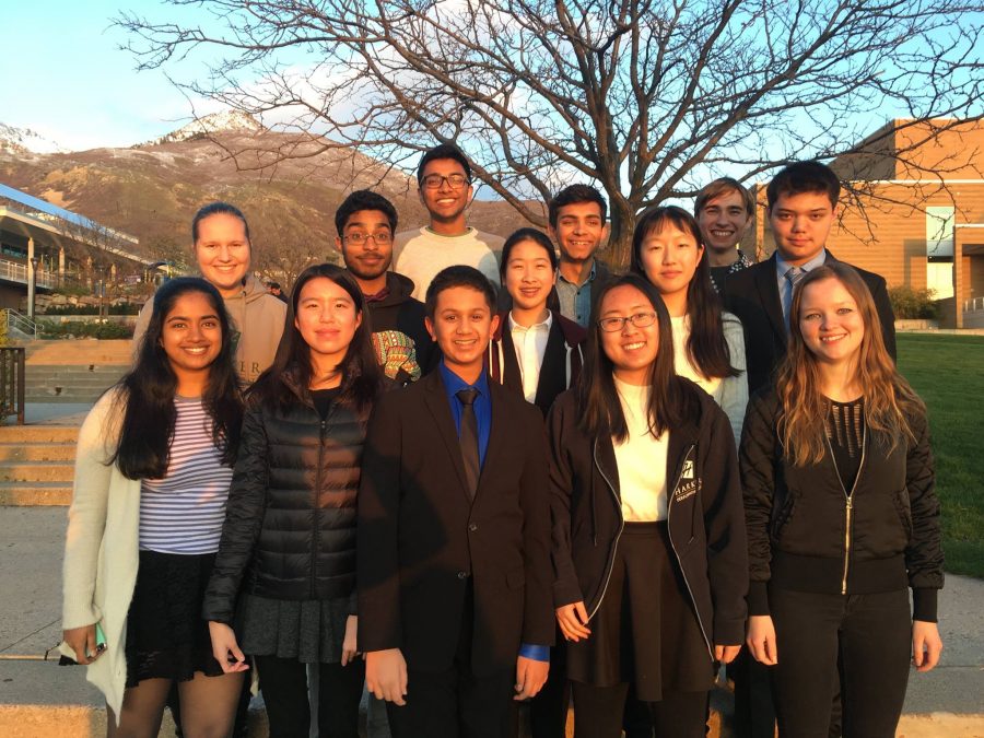 Harkers NDCA national competition attendees pose for a group photo at Weber State University. In Lincoln-Douglas debate, Srivatsav Pyda (12) advanced to the quarterfinals, while Emmiee Malyugina (12) and Serena Lu (11) advanced to the octafinals in the event.