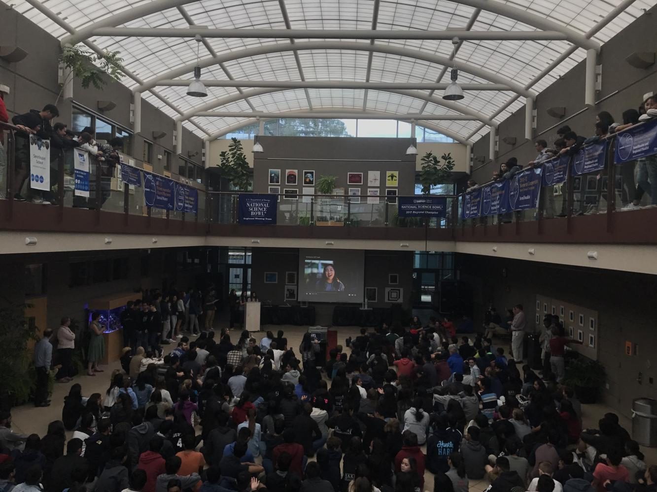 The juniors, sophomores and freshmen gather in Nichols Atrium for todays school meeting. The seniors, who were not at school today, will be back tomorrow for Wednesdays Baccalaureate ceremony.