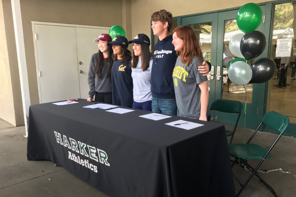 Rachel Cheng, Niki Iyer, Taylor Iantosca, Ryan Vaughan and Marti Sutton (all 17) pose for a photo. These five athletes signed for their respective college athletics programs.