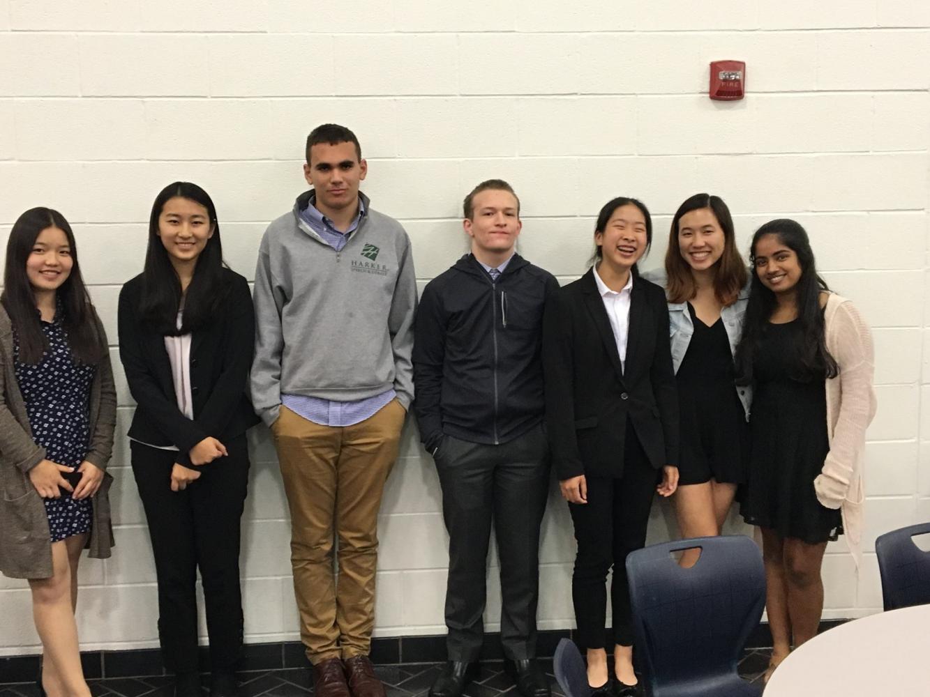 Cindy Wang (11), Clarissa Wang (11), Jacob Ohana (12), Alan Hughes (12), Kelly Shen (11), Megan Huynh (12) and Anusha Kuppahally (11) pose for a photo at the Grapevine tournament. Team Cindy and Clarissa advanced to the octofinals in public forum and team Megan and Anusha advanced to the octofinals in policy debate.