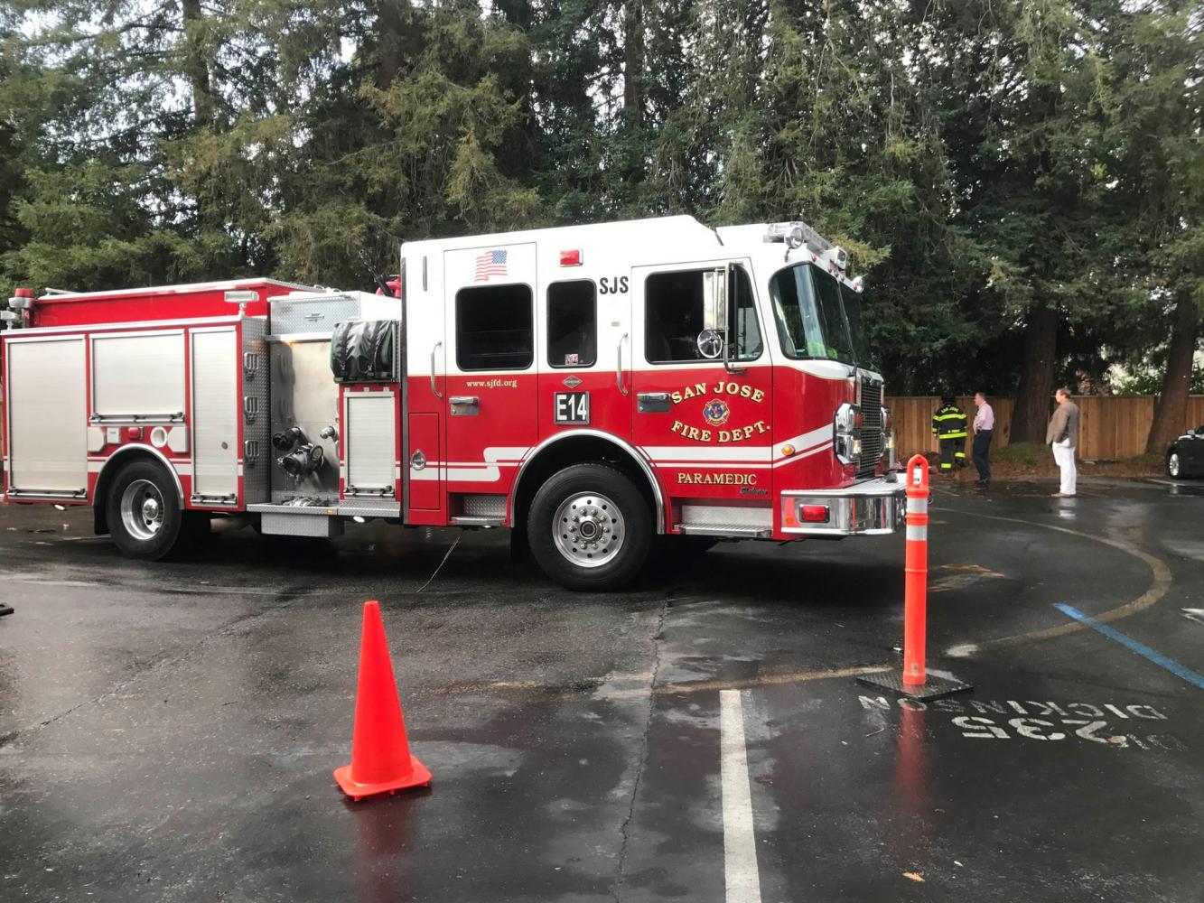 A San Jose Fire Department truck arrives at the scene of the lightning strike. By the time the firefighters arrived, the tree's fire had already gone out.