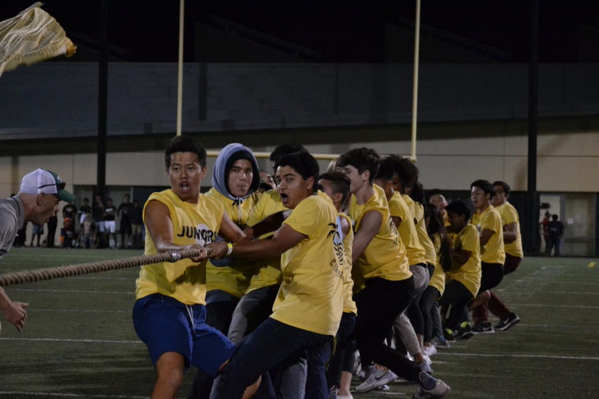 Andrew Chang (11) and Anjay Saklecha (11) pull the rope in the final tug of war against the seniors. The seniors ended up winning tug of war. 