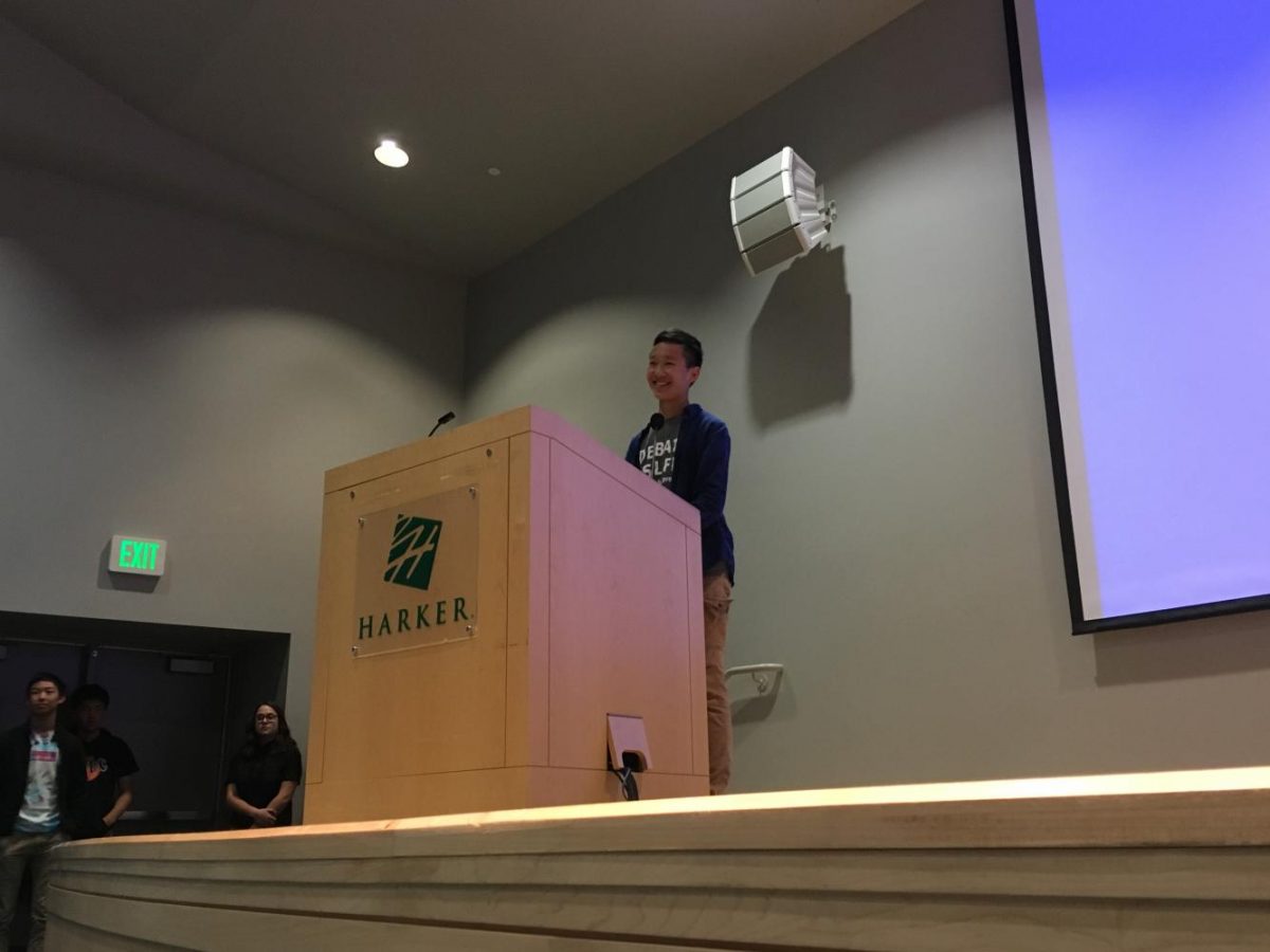 Candidate for freshman class president Jason Lin (9) smiles as he delivers his speech during today's freshman class meeting. A total of five freshmen are running for the position of Class of 2021 student council president this year.