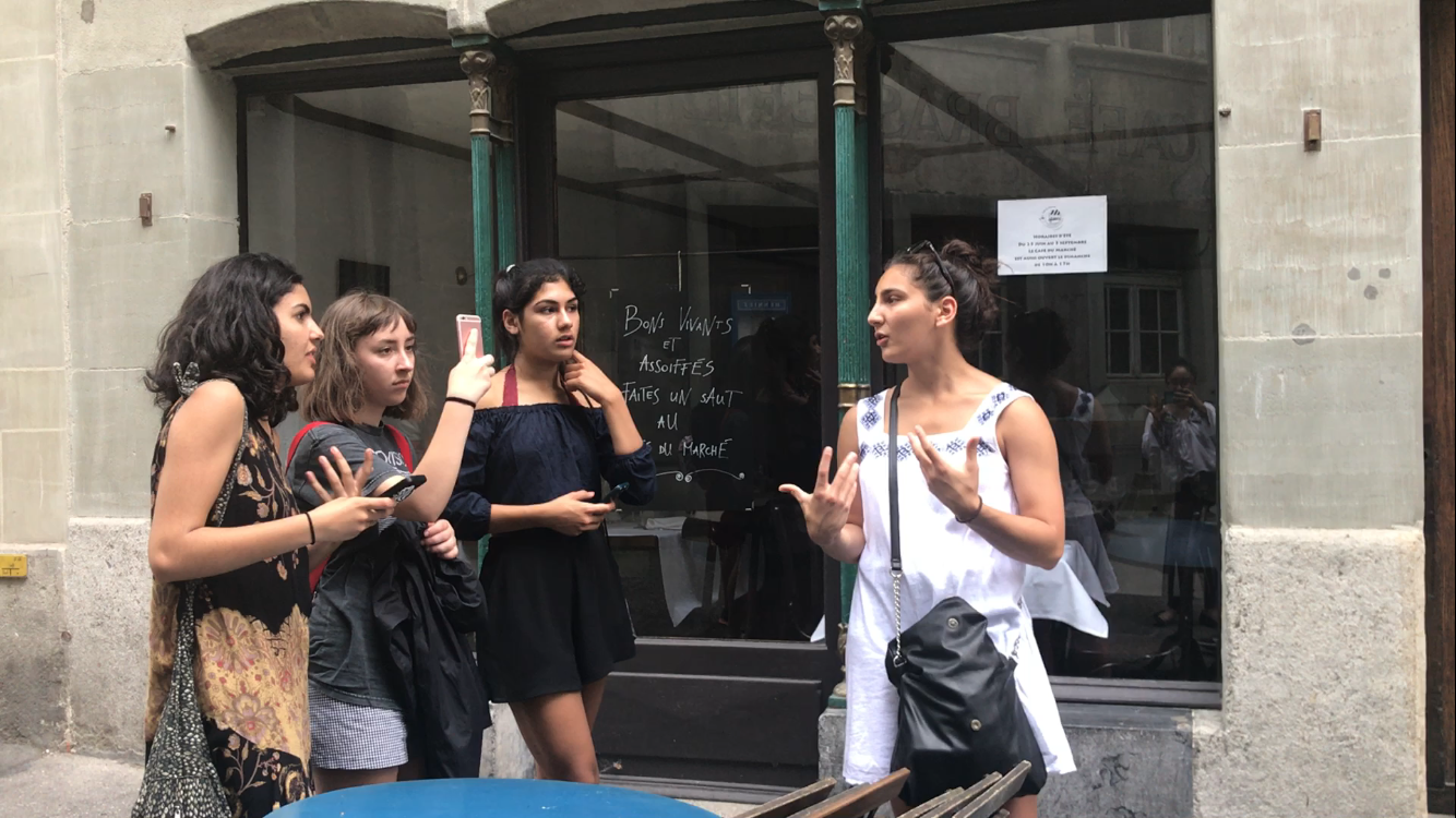 Aryana Far (11), Ayla Tanurhan (10), Kismet Singh (10) and Hazal Gurcan ('17) walk by the Cathedral de St. Nicholas in Fribourg. The students' buddies visited California earlier during the previous school year.