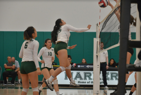 Tiffany Shou (12) jumps to hit the ball during the volleyball game against Westmont High School. The girls went on to win the game in three sets.