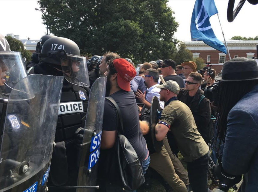Protestors and police come into contact at the Unite the Right rally in Charlottesville on Aug. 12. 
