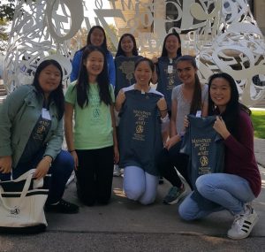 (From left to right) Emily Liu (10), Katherine Tian (11), Cynthia Chen (10), Gwyneth Chen (12), Joanna Lin (12), Grace Huang (10), Allison John (9) and Katherine Zhang (11) pose in front of the Stratton Student Center at MIT after the contest. Math Prize for Girls was held on Sept. 24 at MIT.