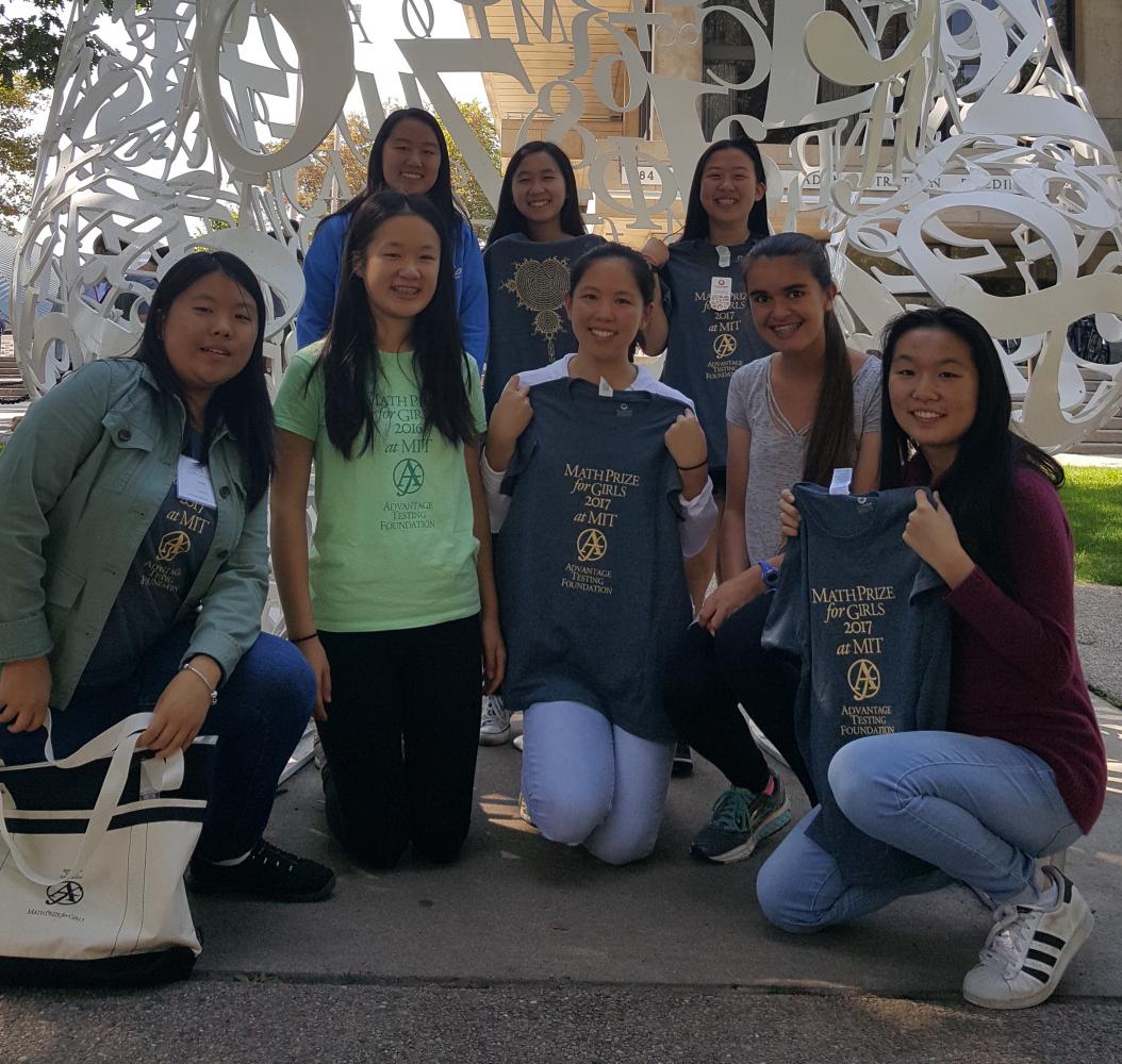 (From left to right) Emily Liu (10), Katherine Tian (11), Cynthia Chen (10), Gwyneth Chen (12), Joanna Lin (12), Grace Huang (10), Allison John (9) and Katherine Zhang (11) pose in front of the Stratton Student Center at MIT after the contest. Math Prize for Girls was held on Sept. 24 at MIT.