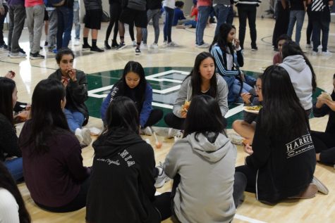 Students gather in the auxiliary gym to eat lunch to avoid the unhealthy amount of participate matter in the air last week. “You didn’t want to be outside. When I drove north [around] San Mateo, it almost looked like the car was going underwater; the air was like a thick, dirty water,” chemistry teacher Dr. David Casso, who lives in San Francisco, said.