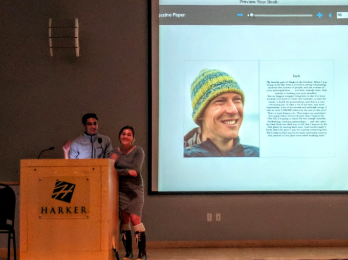 Haris Hosseini (11) and Haley Keller (12) present their book Humans of Ecology: Our Place in Nature, a collection of photographs and interviews of all the people they met on the trip. A total of 12 students presented at todays human ecology showcase in Nichols Auditorium.