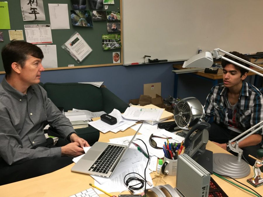 Alex Kumar (9) meets with his advisor Dr. Mark Brada for his one-on-one advisee review session today. Students signed up with their advisors for 10-minute time slots on Monday during advisory.