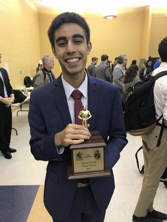 Avi Gulati (10) poses with his third-place award in Original Oratory from the Glenbrooks tournament. A total of 26 upper school students competed in this years Glenbrooks, held in Illinois from Nov. 17 to Nov. 20.
