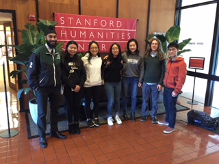 Near-Mitra scholars Nirban Bhatia (12), Jacqueline He (12), Amy Jin (12), Serena Lu (12), Emily Chen (12), Andrew Semenza (12) and Derek Yen (12) pose for a photo outside the Stanford Humanities Center. These seven students met with Stanfords Hume fellows over lunch today.