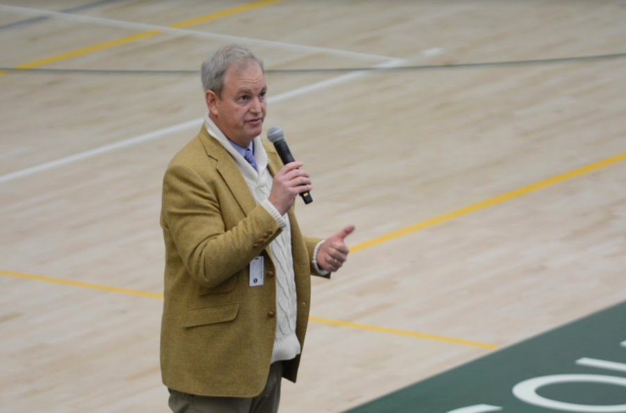 Head of School Brian Yager informs students and faculty of the assault that occurred at the middle school campus on Tuesday morning. He assured the students that the priority of the school is safety and announced that there will be increased security on campus.