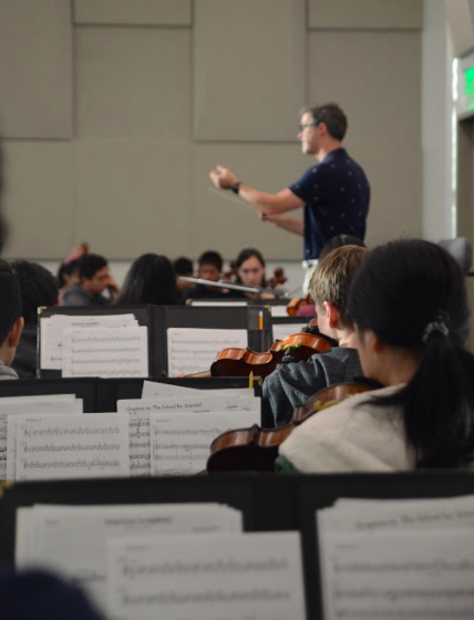 The upper school orchestra rehearses in the Rothschild Performing Arts Center Monday morning. Students in performing arts classes had class in the performing arts center starting Monday. 