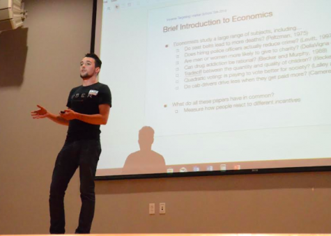 Sheldon gives a brief introduction to the application of economics to various industries. Sheldon spoke at Harker in the Nichols Auditorium on Feb. 6 during long lunch. 