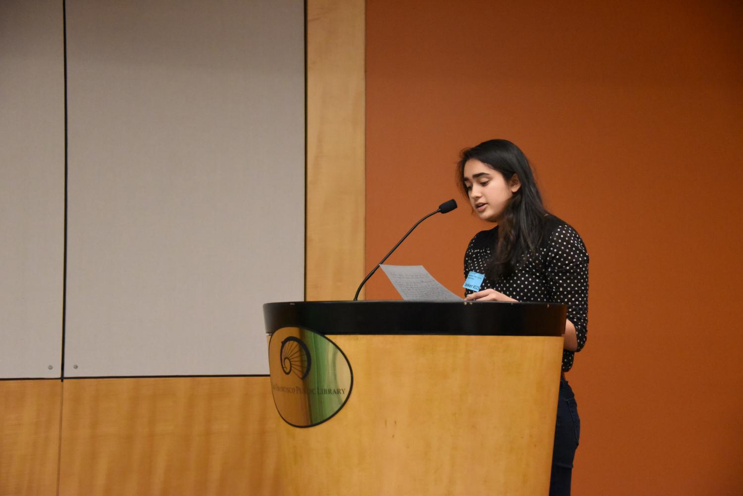 Satchi Thockchom (12) speaks at the EPA hearing about the CPP repeal at San Francisco on Wednesday. The CPP targets the reduction of greenhouse gas emissions from coal-burning at electricity power plants.