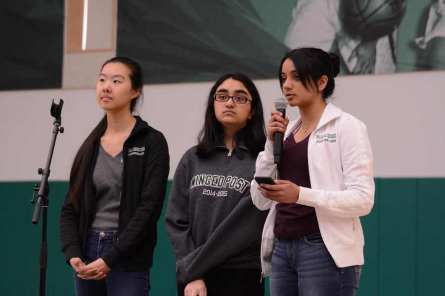 Winged Post Co-Editors-in-Chief Kaitlin Hsu (12) and Sahana Srinivasan (12) and Harker Aquila Editor-in-Chief Meena Gudapati (12) announce the release of Issue 5 of the Winged Post and a Harker Aquila package about the Marjory Stoneman Douglas High School shooting. Harker Journalism conducted interviews with MSD students Emma Gonzalez and David Hogg as well as MSD journalism teacher Melissa Falkowski for coverage of the shooting.