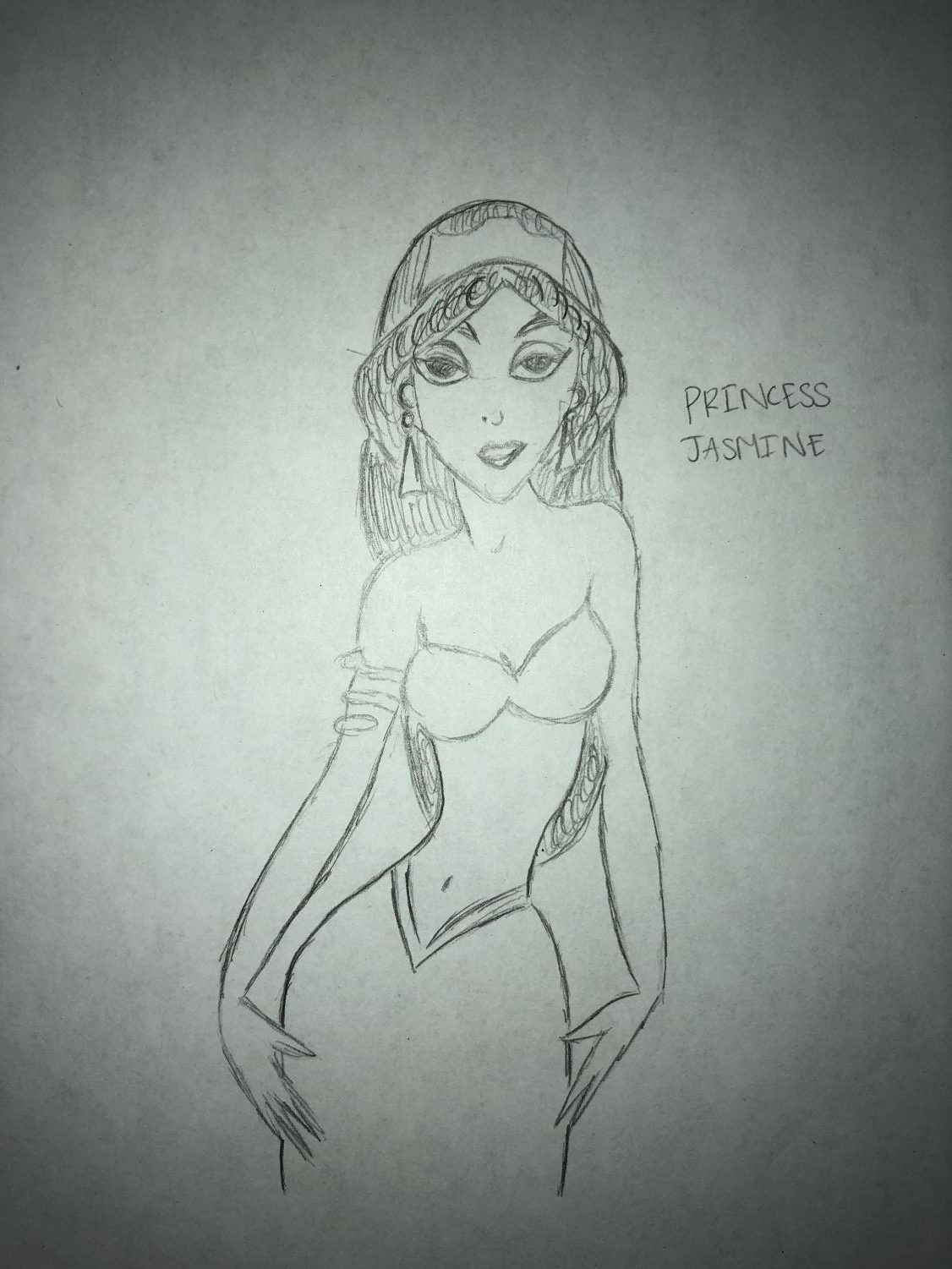 Princess Jasmine intensely stares down the camera, revealing her pouted lips, seductive eyes, and stressed hourglass body. This depiction is an actual scene in the movie “Aladdin.”