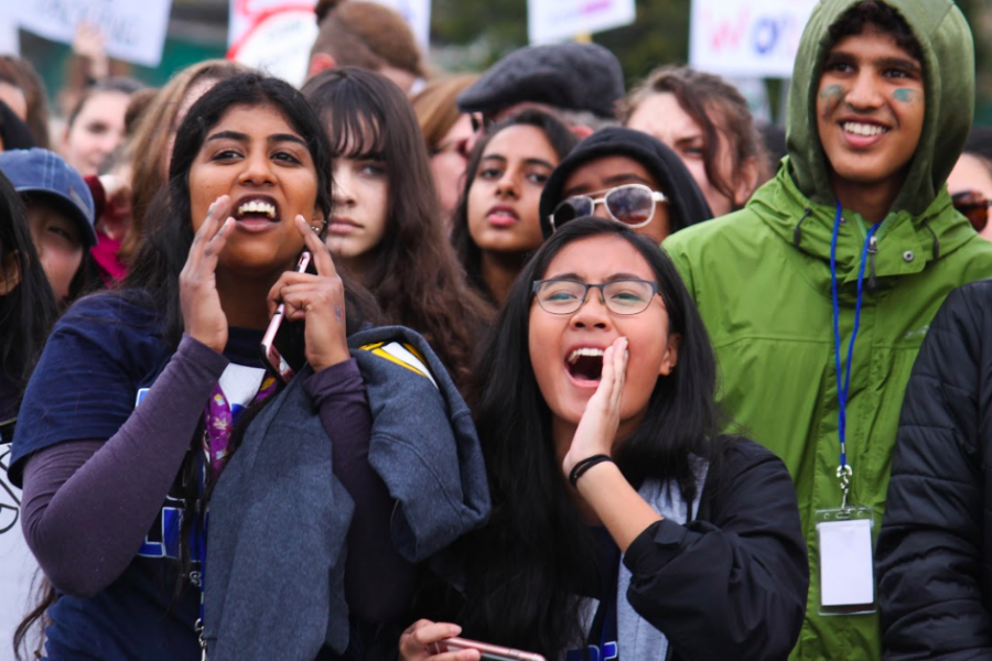 High school students cheer during the rally at March for Our Lives San Jose, which was organized primarily by a group from Prospect High School inspired by their peers advocating for gun control at Marjory Stoneman Douglas High School in Parkland, FL. Over 25,000 demonstrators, many of them high-school and college students, attended the march in San Francisco.