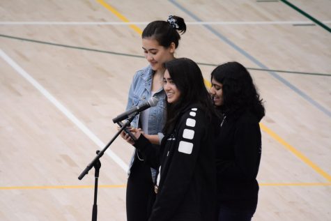 Green Team members Karen Krause (11), Satchi Thockchom (12) and Anvi Banga (10) announce the results of this years Bay Area High Schools Challenge.