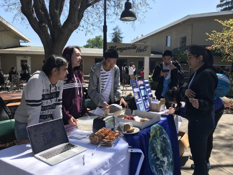 Green Team members Sachi Bajaj (9), Natasha Yen (9), Anthony Shing (10), Alex Shing (10) and Satchi Thockchom (12) organize baked goods sales at their booth outside Manzanita during their club week. During long lunch on Friday, the club hosted Isabelle Cnudde of Clorofil, who talked about sustainable agriculture in Nichols Auditorium. 