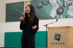 Junior class council treasurer candidate Allie Yen (10) addresses the sophomore class. Voting for this years class council elections took place in the journalism room and Shah 404 during long lunch today.