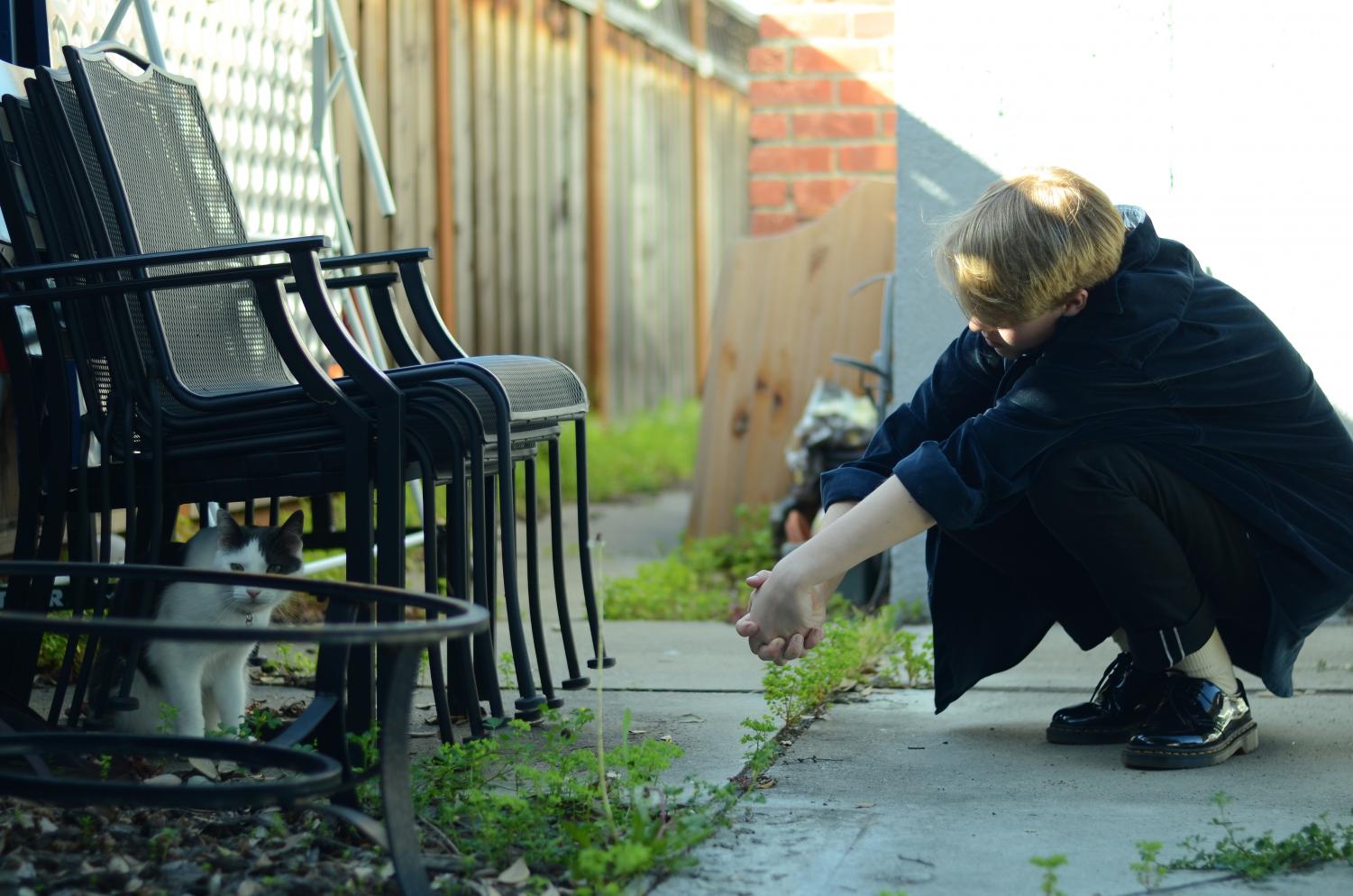 Elliot Kampmeier (9) crouches down beside a stack of chairs and one of his cats. “My dad’s coworker runs a cat shelter, just out of his house, so we got both of our cats from him. It’s really funny, because he used to play minor league baseball, so he’s this really buff, tall guy, and there’s pictures of him bottle feeding little kittens so it’s really great,