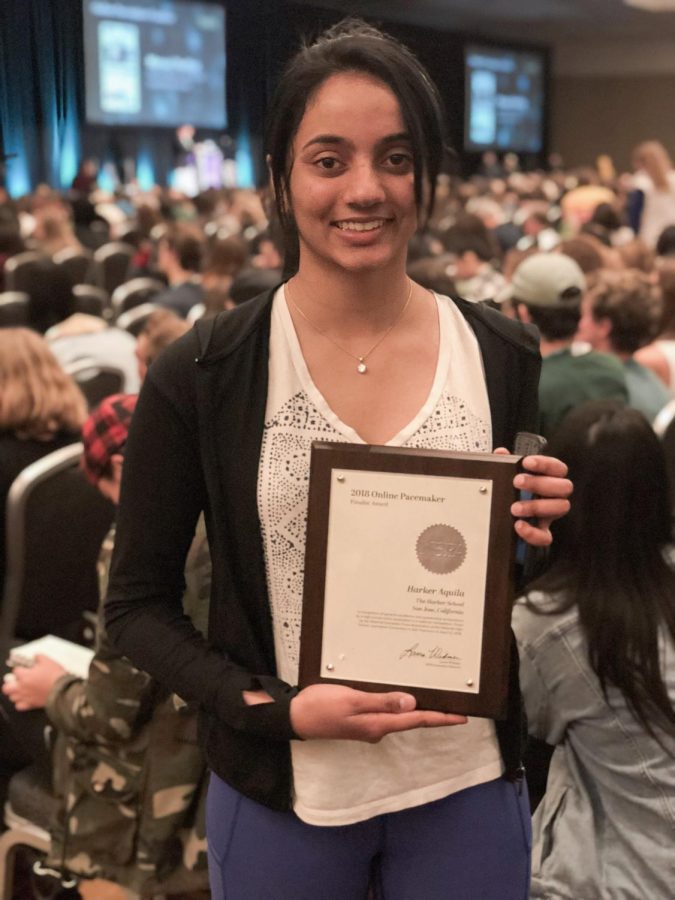 Harker Aquila editor-in-chief Meena Gudapati (12) holds the publications Pacemaker finalist award. Print publication the Winged Post placed fifth in the events Best of Show competition.