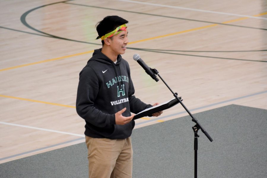ASB president Jimmy Lin (12) delivers his State of the School address, in which he reviewed student councils projects and work over the course of the school year. Jimmy delivered his customary line, Class starts at 10:50 youre all dismissed, for the final time at todays school meeting.