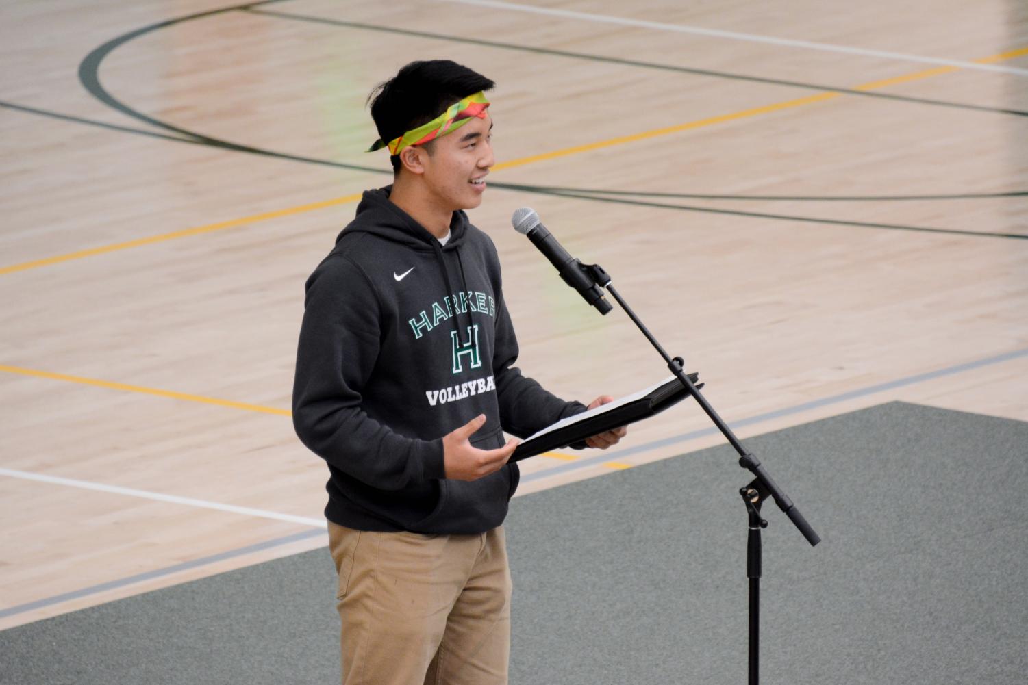ASB president Jimmy Lin (12) delivers his State of the School address, in which he reviewed student council's projects and work over the course of the school year. Jimmy delivered his customary line,