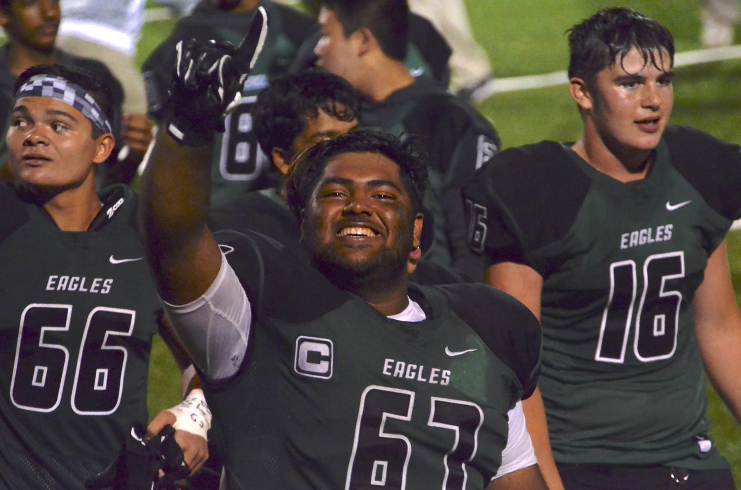 Lineman and captain Ayush Vyas (12) celebrates after Harker's 26-2 win.