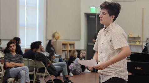 Senior Raphael Sanche performs a line at a Sept. 17 rehearsal for the upcoming fall play, Our Town. Early rehearsals, which began this month, have focused on character development, actor movements and line run-throughs.