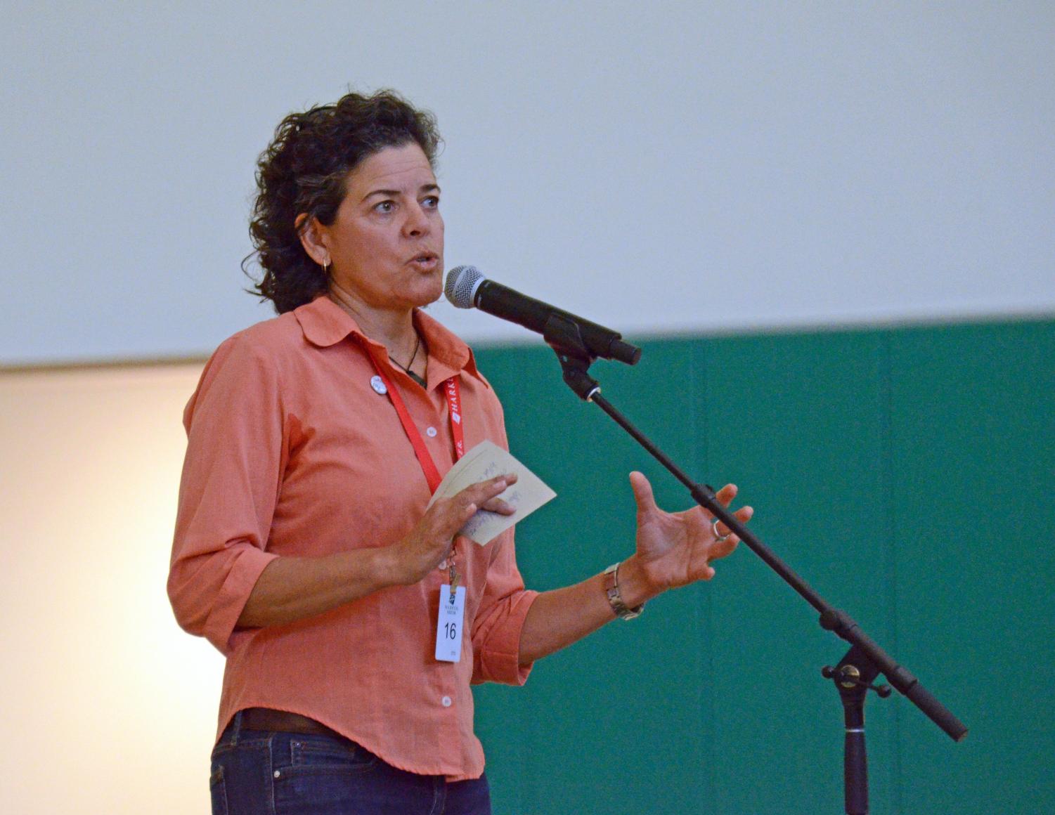 Jackie Nunez, founder of The Last Plastic Straw, speaks at a school assembly on Thursday about the impact of single-use plastics. Nunez's presentation followed a screening of