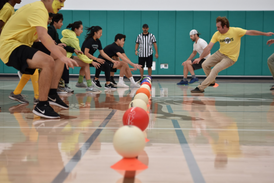 Students and teachers face off at the first dodgeball game of the year. The spirit parade and dodgeball game took place on Oct. 3. 