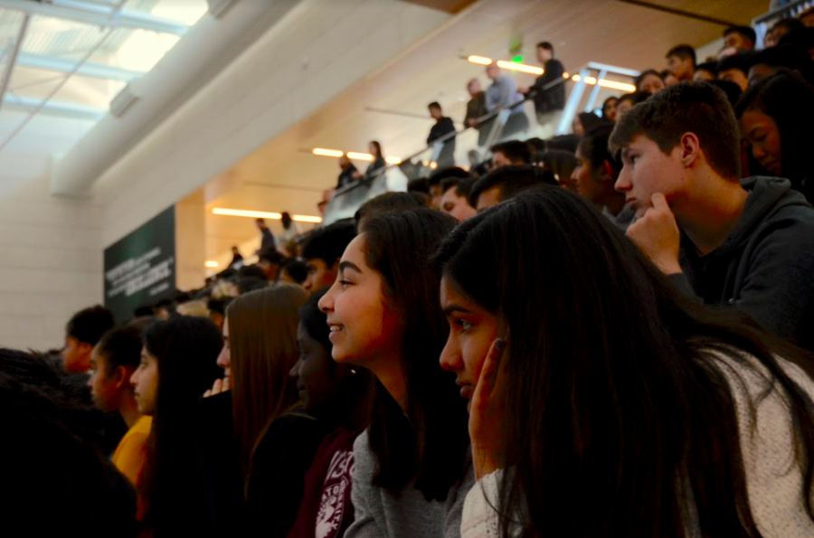 Freshmen listen to his speech in the athletic center. The speech was given twice, once to freshmen and sophomores and once to juniors and seniors.